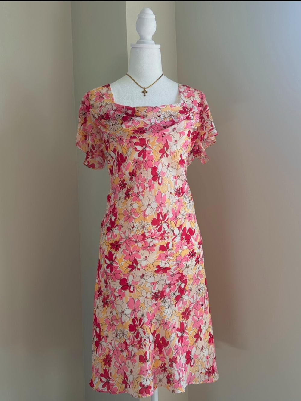 1990's Floral Cowl Neckline Midi Dress